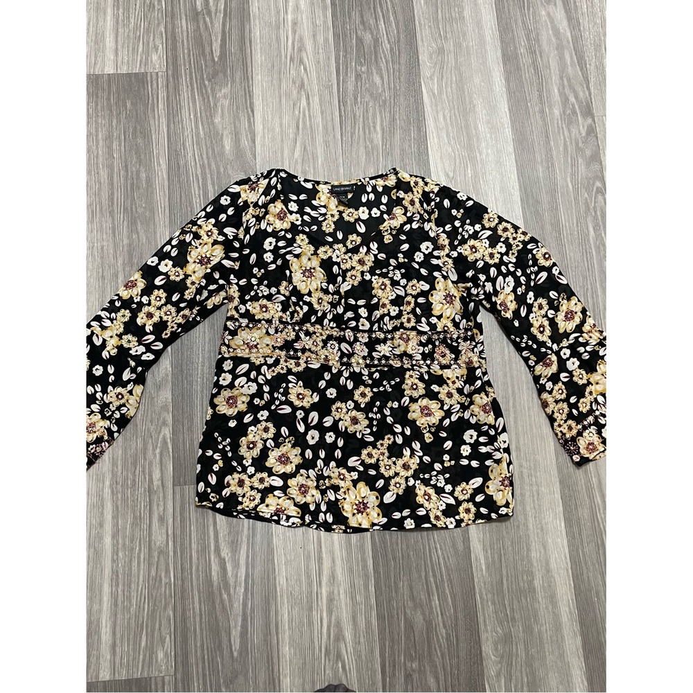 Lane Bryant Womens 14/16 Floral Blouse Black Bell Sleeve Beaded Boho Top Plus